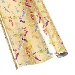 Caspari Wrapping Paper|A History of Shoes Foil Embossed Metallic Gift Wrapping Paper in Gold - 30" x 6' Roll