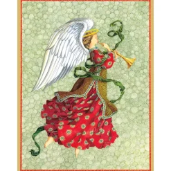 Caspari Greeting Cards|Angel In Red Dress With Trumpet C-Sized Christmas Cards Pack in Cello - 5 Cards & 5 Envelopes
