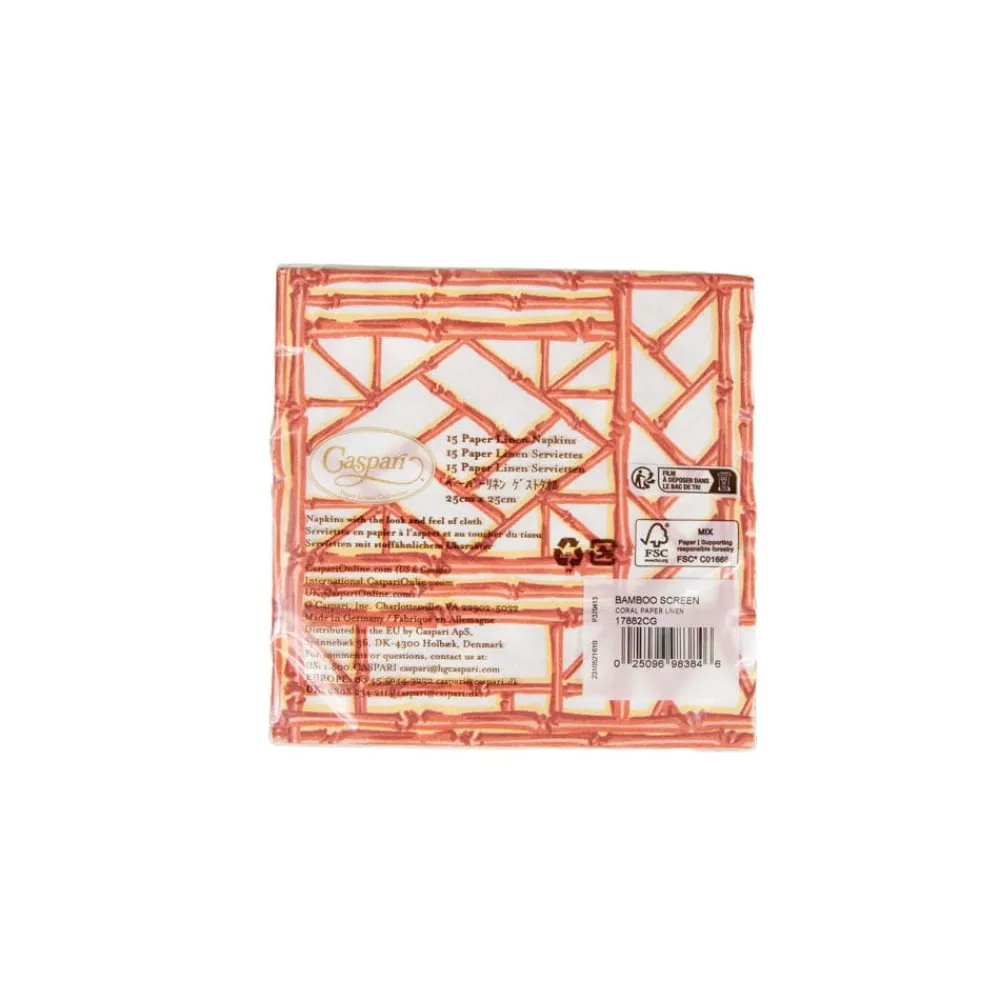 Caspari Paper Cocktail Napkins|Bamboo Screen Coral Paper Linen Cocktail Napkins - 15 Per Package