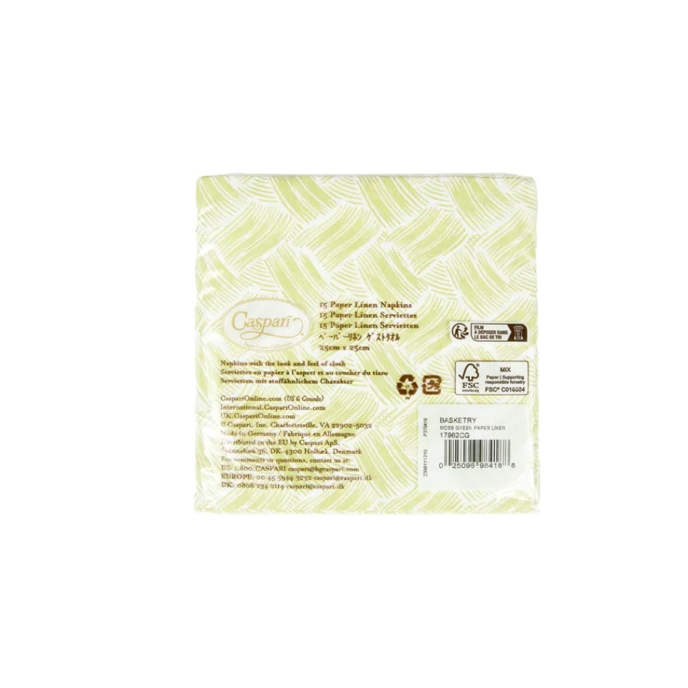 Caspari Paper Cocktail Napkins|Citrus Songbird|Basketry Moss Green Paper Linen Cocktail Napkins - 15 Per Package