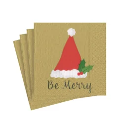 Caspari Christmas Napkins|Paper Cocktail Napkins|Be Merry Paper Cocktail Napkins in Gold - 20 Per Package