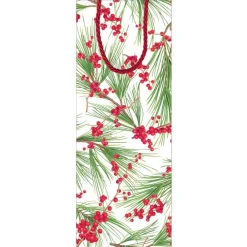 Caspari Christmas Gift & Bottle Bags|Gift & Bottle Bags|Berries and Pine Wine & Bottle Gift Bag in White - 1 Each