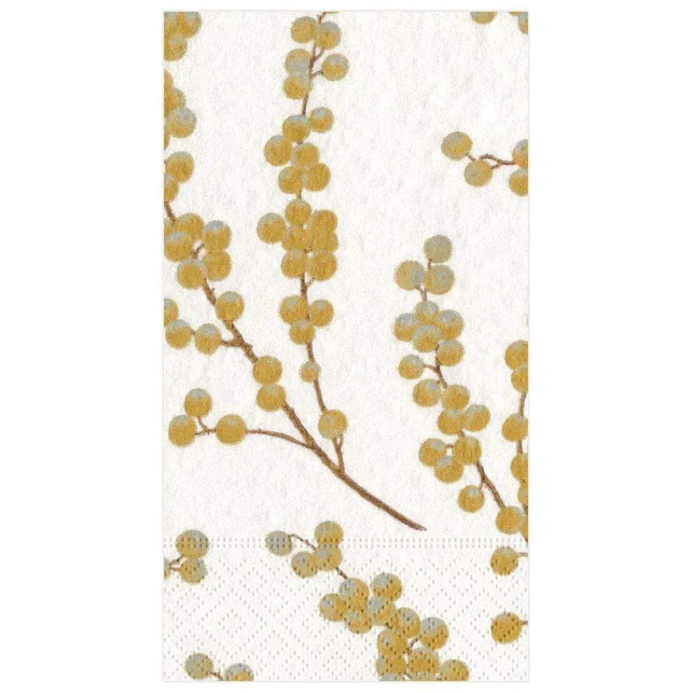 Caspari Christmas Napkins|Thanksgiving|Berry Branches Paper Guest Towel Napkins in White & Gold - 15 Per Package