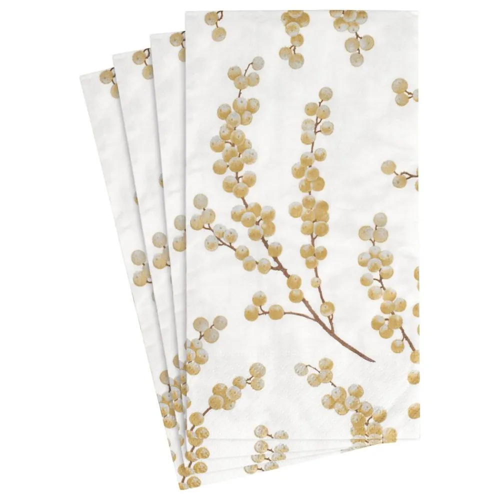 Caspari Christmas Napkins|Thanksgiving|Berry Branches Paper Guest Towel Napkins in White & Gold - 15 Per Package