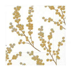 Caspari Christmas Napkins|Thanksgiving|Berry Branches Paper Luncheon Napkins in White & Gold - 20 Per Package