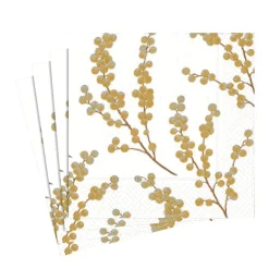 Caspari Christmas Napkins|Thanksgiving|Berry Branches Paper Luncheon Napkins in White & Gold - 20 Per Package