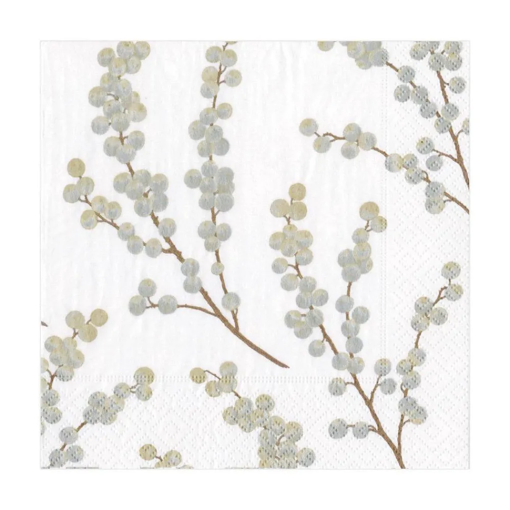 Caspari Christmas Napkins|Hanukkah|Berry Branches Paper Luncheon Napkins in White & Silver - 20 Per Package