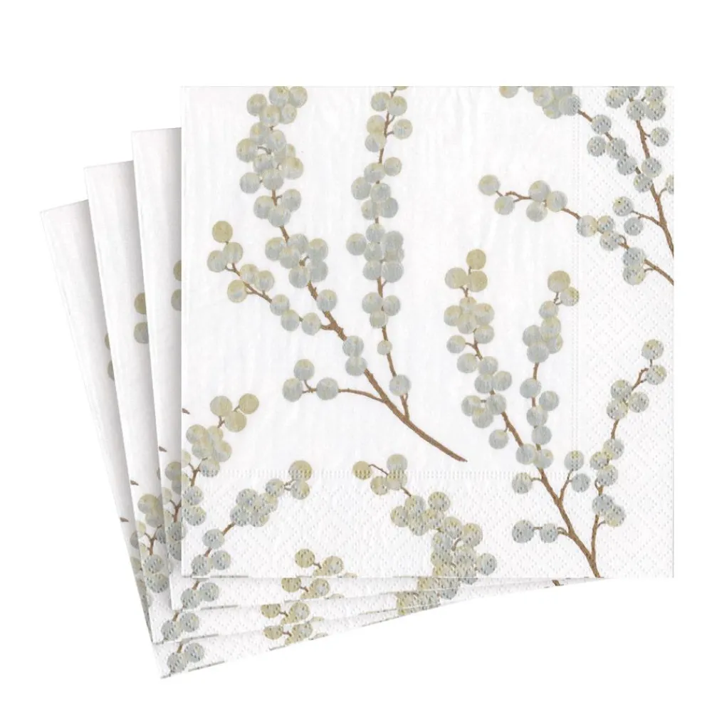 Caspari Christmas Napkins|Hanukkah|Berry Branches Paper Luncheon Napkins in White & Silver - 20 Per Package