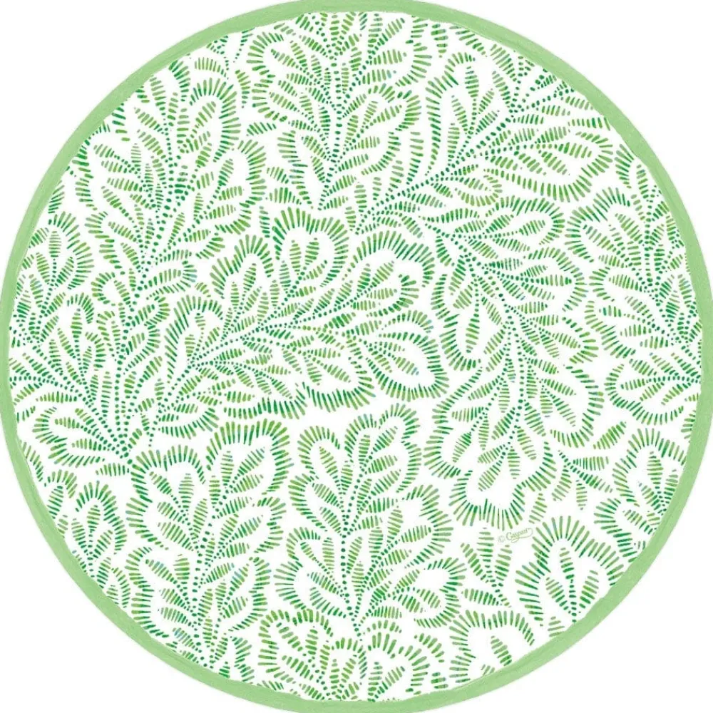 Caspari Paper Placemats|Block Print Leaves Round Paper Placemats in Green - 12 Per Package