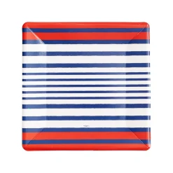 Caspari Memorial Day|Paper Salad And Dessert Plates|Breton Stripe Square Salad & Dessert Plates in Blue- 8 Per Package