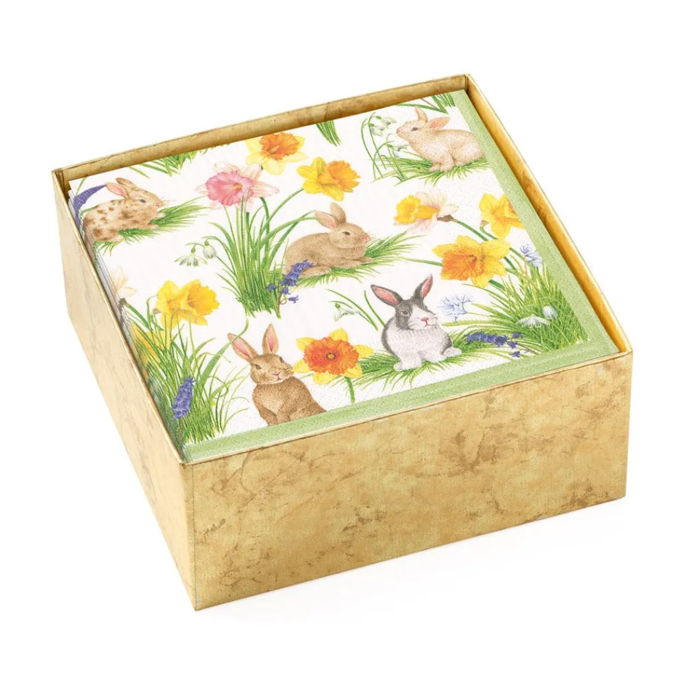 Caspari Easter|Boxed Cocktail Napkins|Bunnies and Daffodils Boxed Paper Cocktail Napkins - 40 Per Box