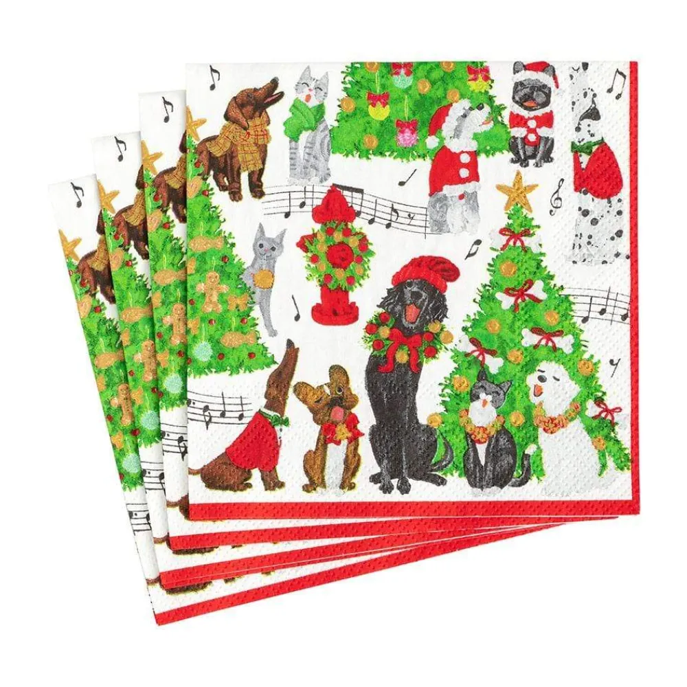 Caspari Christmas Napkins|Paper Cocktail Napkins|Caroling Pets Paper Cocktail Napkins - 20 Per Package