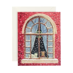 Caspari Christmas And Holiday Cards|Boxed Holiday Cards|Cat And Dog At Window Petite Boxed Christmas Cards - includes 15 cards & envelopes
