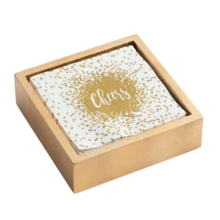 Caspari Christmas Napkins|Cocktail Party|Cheers Cocktail Napkins & Gold Lacquer Holder Gift Set