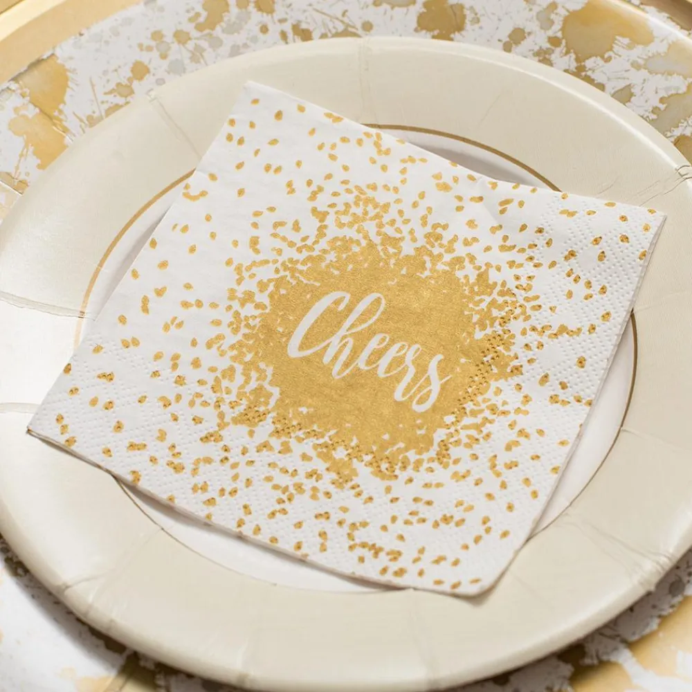 Caspari Christmas Napkins|Cocktail Party|Cheers Cocktail Napkins & Gold Lacquer Holder Gift Set