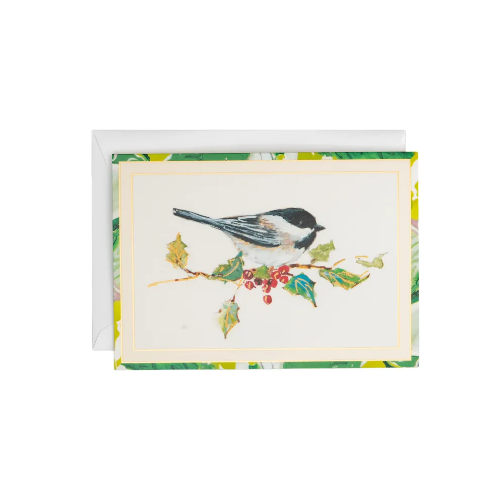 Caspari Christmas And Holiday Cards|Boxed Holiday Cards|Chickadee And Holly Branch Small Boxed Christmas Cards - includes 15 cards & envelopes