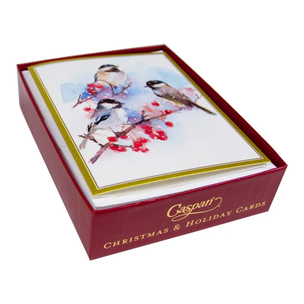 Caspari Christmas And Holiday Cards|Boxed Holiday Cards|Chickadees And Berry Branches A-Size Boxed Christmas Cards - 15 Cards And Envelopes