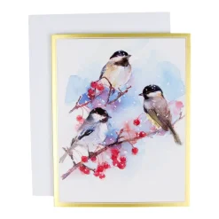 Caspari Christmas And Holiday Cards|Boxed Holiday Cards|Chickadees And Berry Branches A-Size Boxed Christmas Cards - 15 Cards And Envelopes