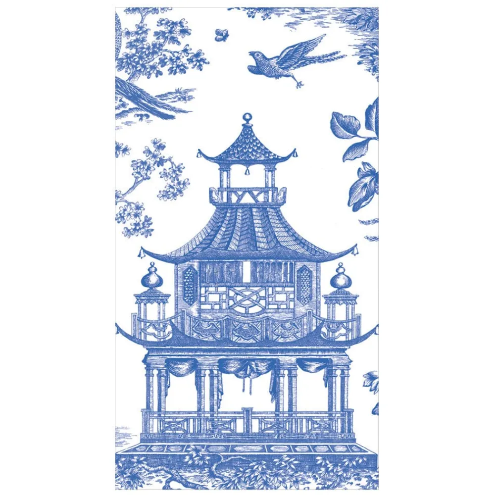 Caspari Paper Guest Towels|Chinoiserie Toile Pagoda Guest Towel Napkins in Blue - 15 Per Package