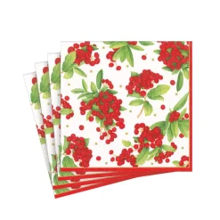 Caspari Christmas Napkins|Paper Cocktail Napkins|Christmas Berry Paper Cocktail Napkins in Red - 20 Per Package