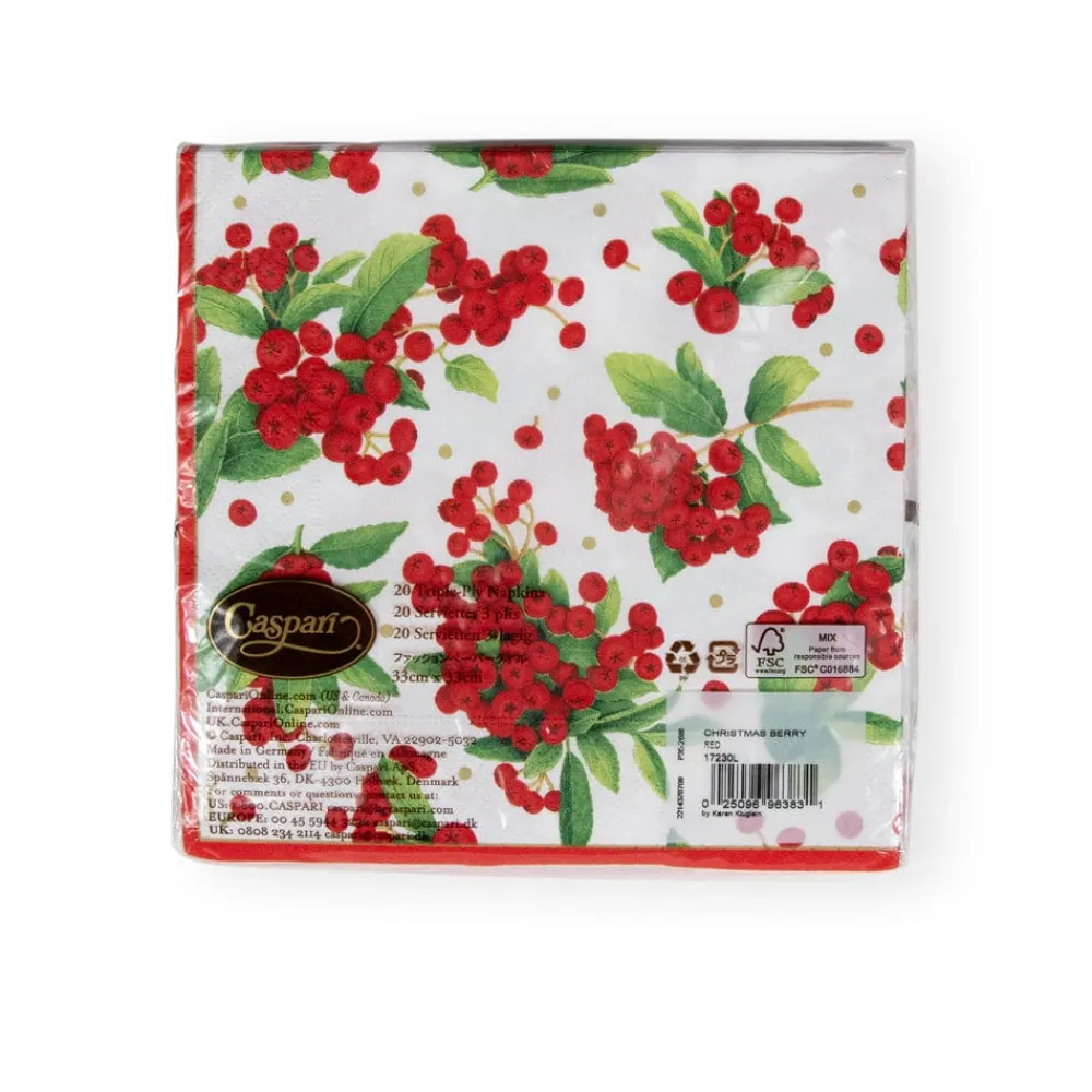 Caspari Christmas Napkins|Paper Luncheon Napkins|Christmas Berry Paper Luncheon Napkins in Red - 20 Per Package