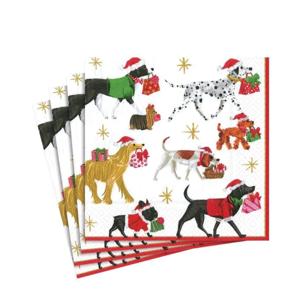 Caspari Christmas Napkins|Paper Cocktail Napkins|Christmas Delivery Paper Cocktail Napkins in White - 20 Per Package