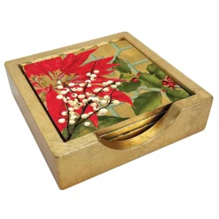 Caspari Coasters|Christmas Garden Coasters - Set Of 4 In Holder