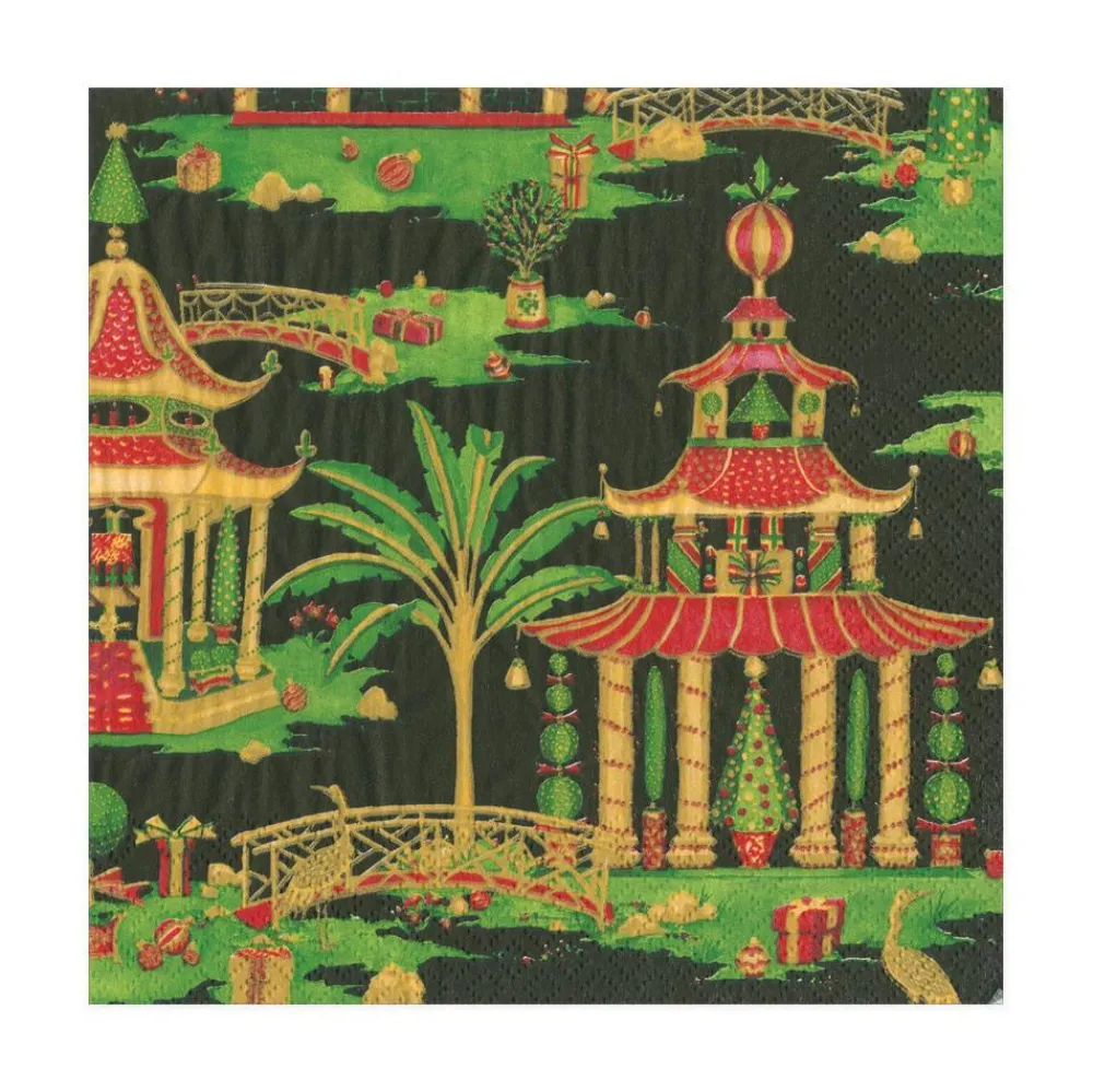 Caspari Paper Luncheon Napkins|Christmas Pagodas Paper Luncheon Napkins in Black - 20 Per Package