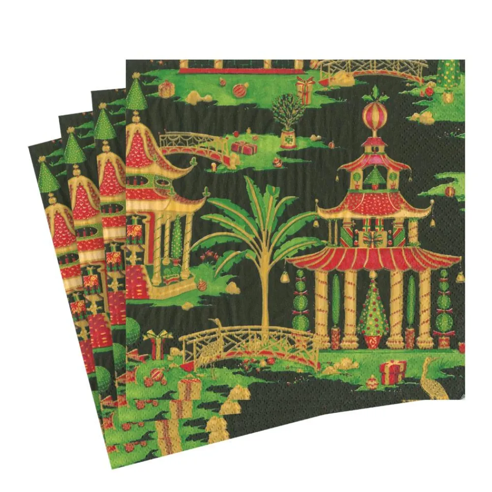 Caspari Paper Luncheon Napkins|Christmas Pagodas Paper Luncheon Napkins in Black - 20 Per Package