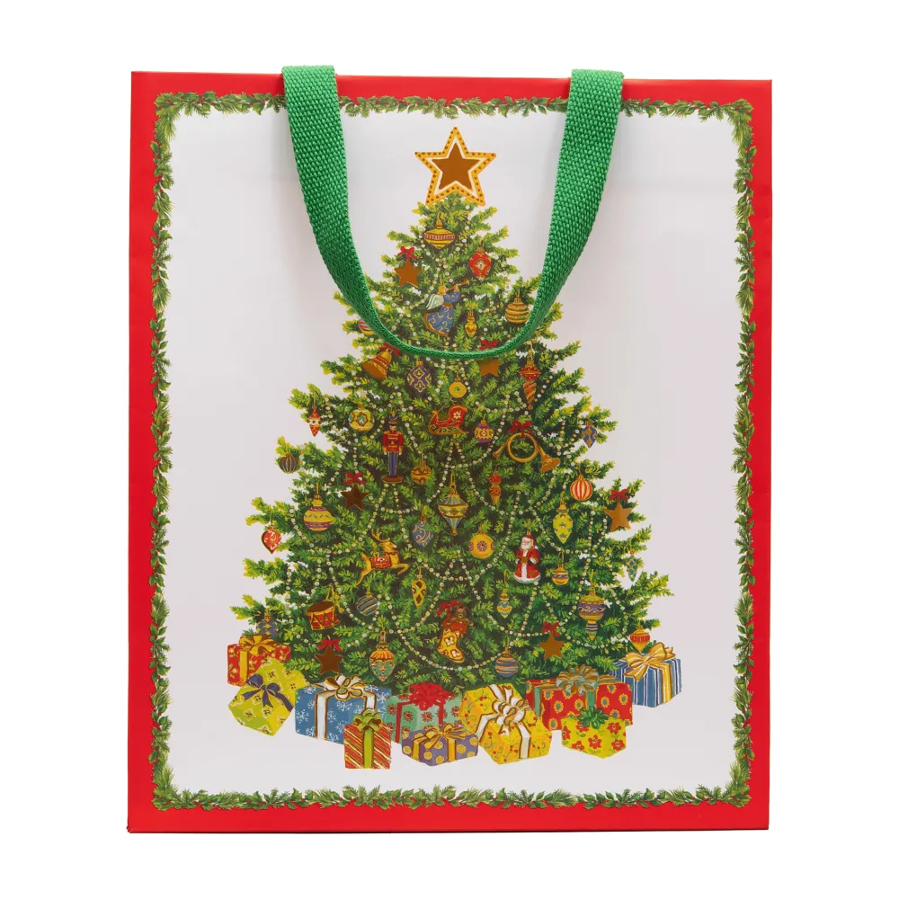 Caspari Christmas Gift & Bottle Bags|Gift & Bottle Bags|Christmas Tree Large Gift Bag 10"L x 4.75"W x 11.75"H - includes 1 bag