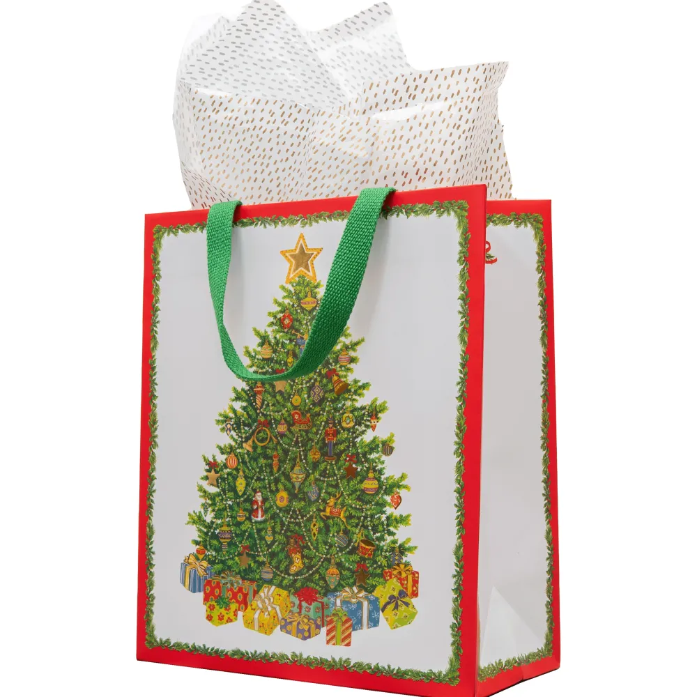 Caspari Christmas Gift & Bottle Bags|Gift & Bottle Bags|Christmas Tree Large Gift Bag 10"L x 4.75"W x 11.75"H - includes 1 bag