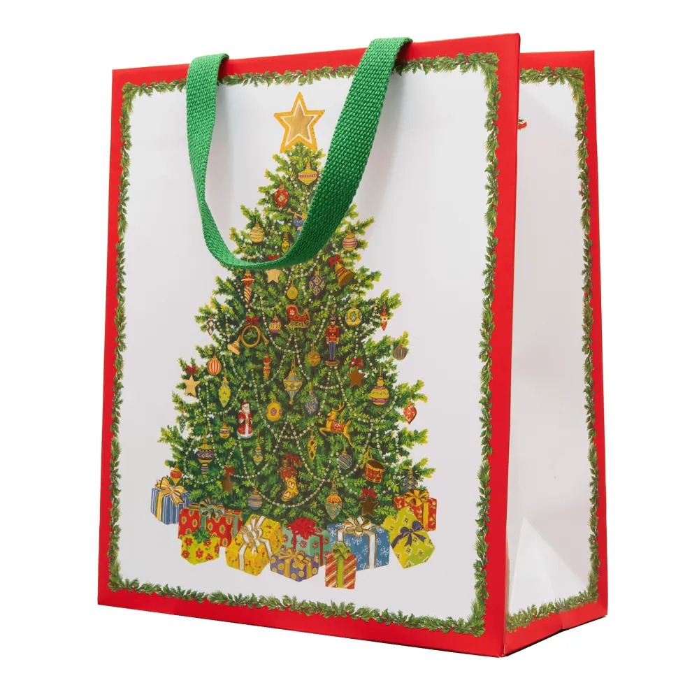 Caspari Christmas Gift & Bottle Bags|Gift & Bottle Bags|Christmas Tree Large Gift Bag 10"L x 4.75"W x 11.75"H - includes 1 bag
