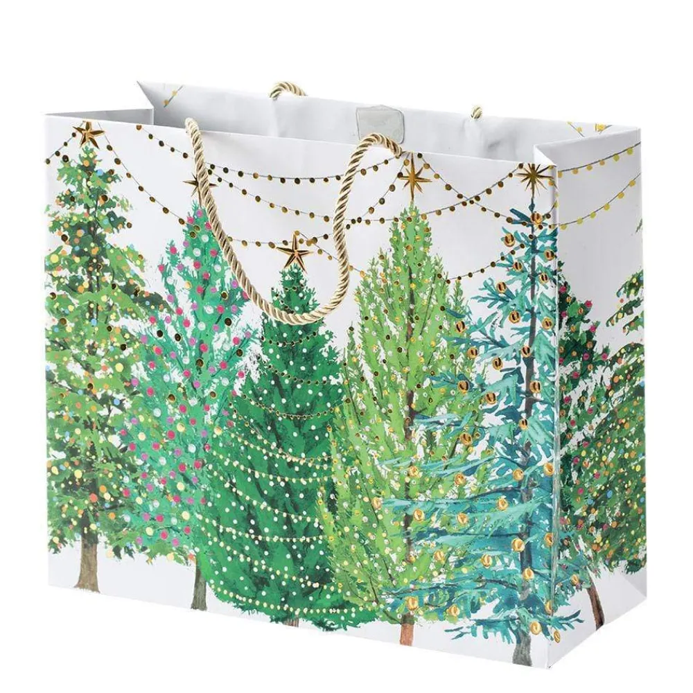Caspari Christmas Gift & Bottle Bags|Gift & Bottle Bags|Christmas Trees with Lights Large Gift Bag - 1 Each