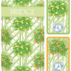 Caspari Bridge|Citrus Topiaries Large Type Bridge Gift Set - 2 Playing Card Decks & 2 Score Pads