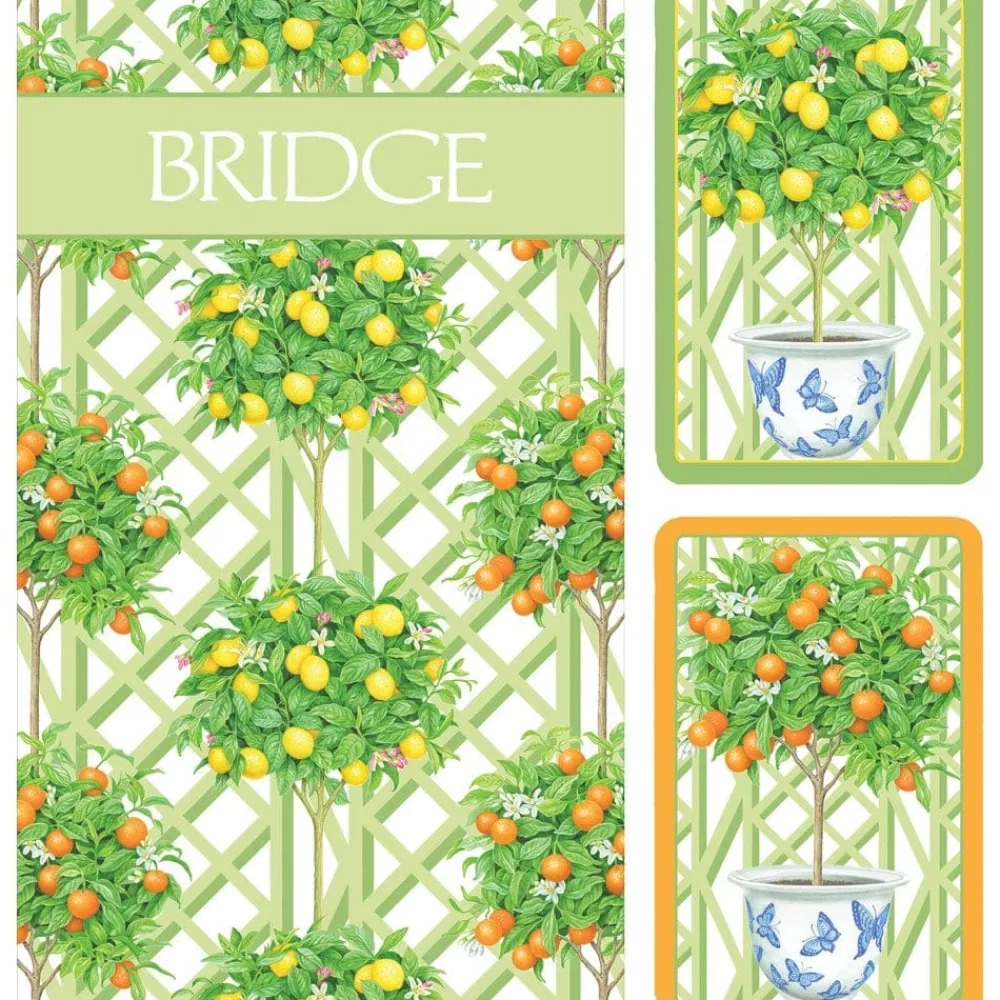Caspari Bridge|Citrus Topiaries Large Type Bridge Gift Set - 2 Playing Card Decks & 2 Score Pads
