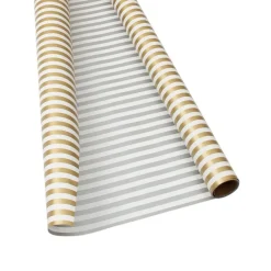 Caspari Christmas Wrapping Paper|Graduation Celebration|Club Stripe Reversible Gift Wrapping Paper in Gold & Silver - 30" x 8' Roll
