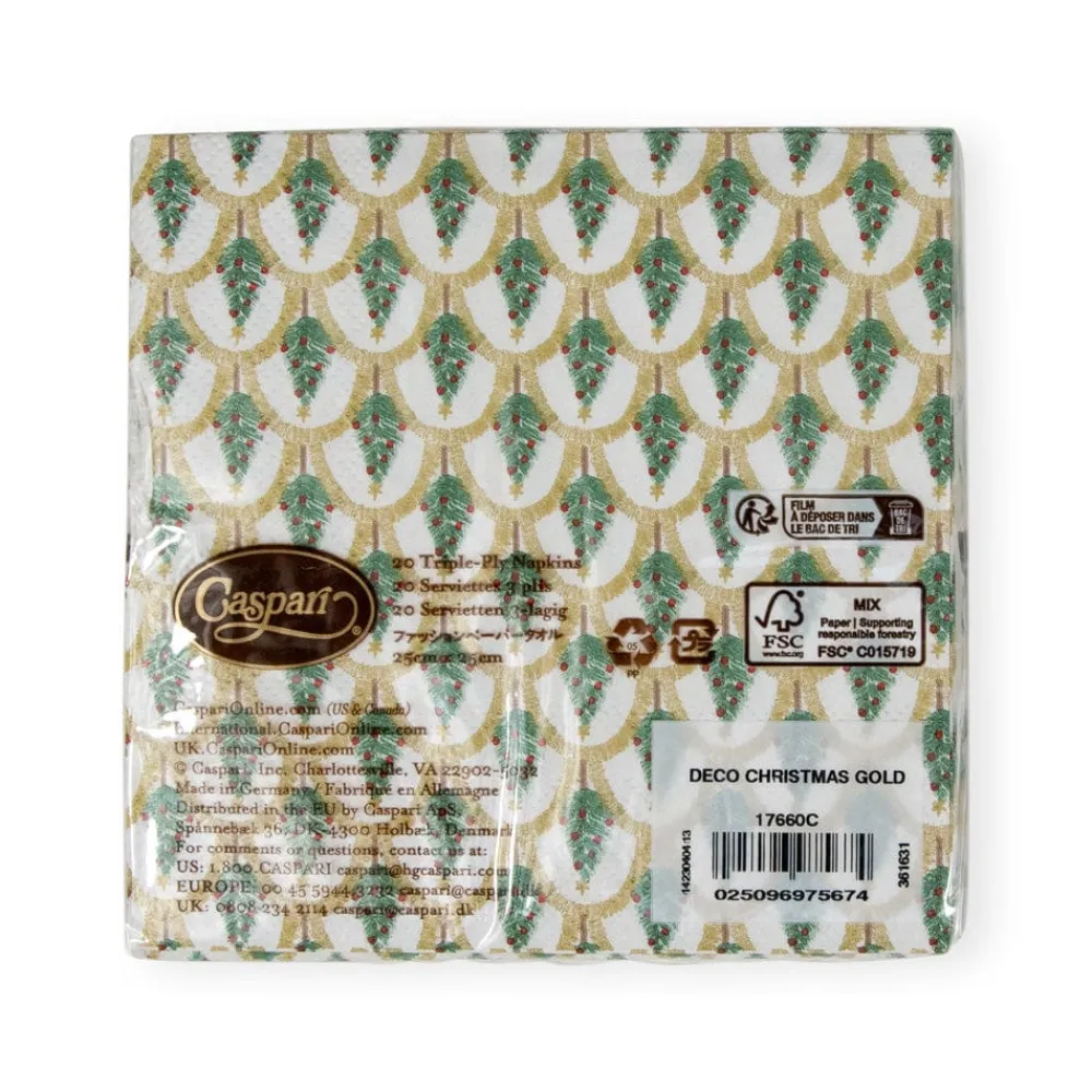 Caspari Christmas Napkins|Paper Cocktail Napkins|Deco Christmas Gold Cocktail Napkins - 20 Per Package