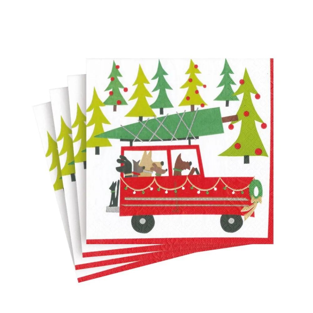 Caspari Christmas Napkins|Paper Cocktail Napkins|Doggy Tree Adventure Paper Cocktail Napkins - 20 Per Package