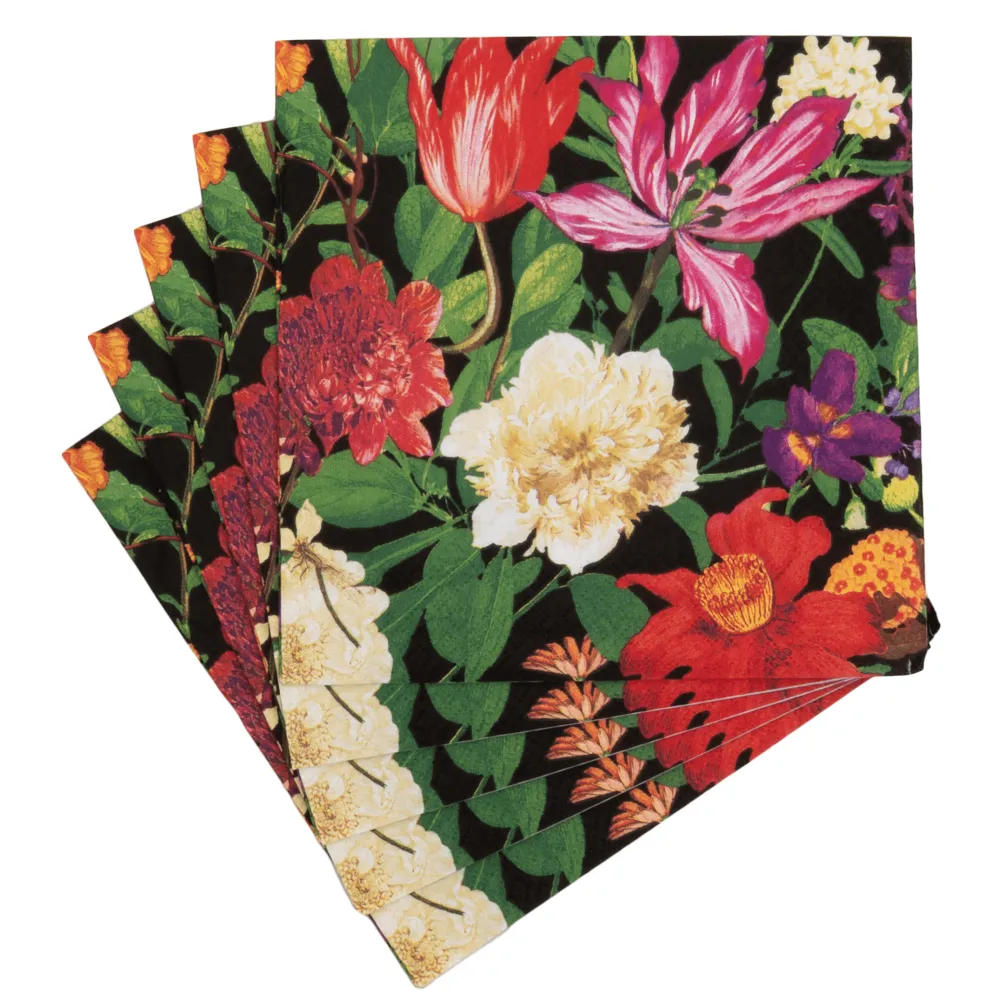 Caspari Paper Luncheon Napkins|Dutch Floral Black Luncheon Napkins - includes 20 Luncheon Napkins