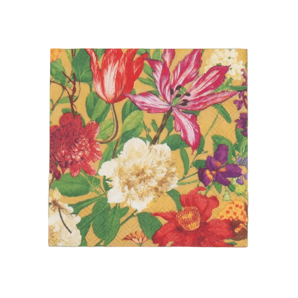 Caspari Paper Cocktail Napkins|Dutch Floral Gold Cocktail Napkins - includes 20 Cocktail Napkins
