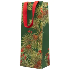 Caspari Christmas Gift & Bottle Bags|Evergreen And Berries Dark Green Gift Bags - includes 1 Gift Bags