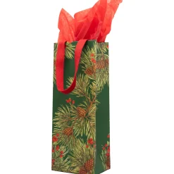 Caspari Christmas Gift & Bottle Bags|Evergreen And Berries Dark Green Gift Bags - includes 1 Gift Bags