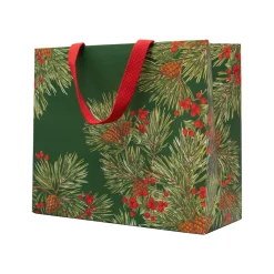 Caspari Christmas Gift & Bottle Bags|Evergreen And Berries Dark Green Gift Bags - includes 1 Gift Bags