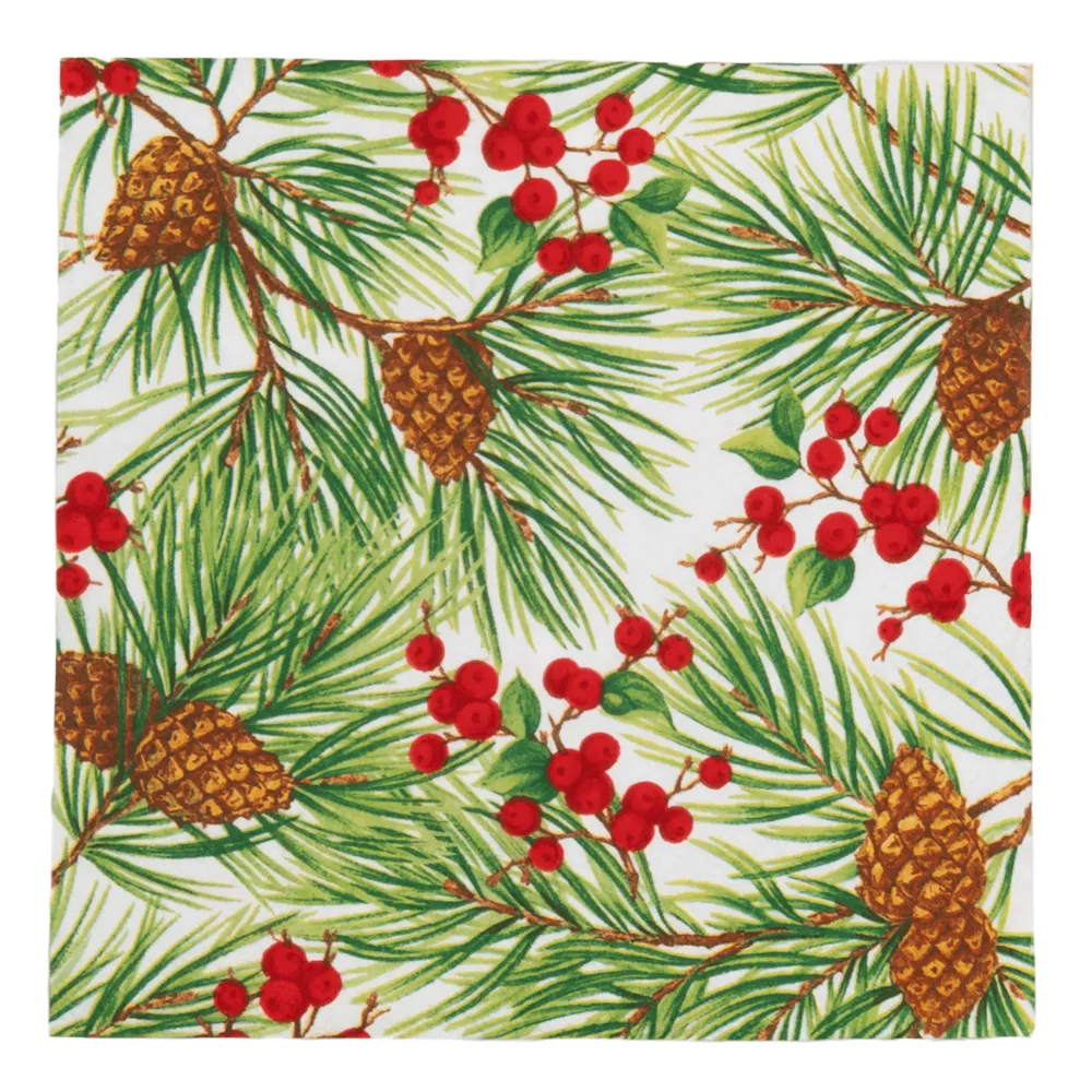 Caspari Paper Luncheon Napkins|Evergreen And Berries White Luncheon Napkins - includes 20 Luncheon Napkins