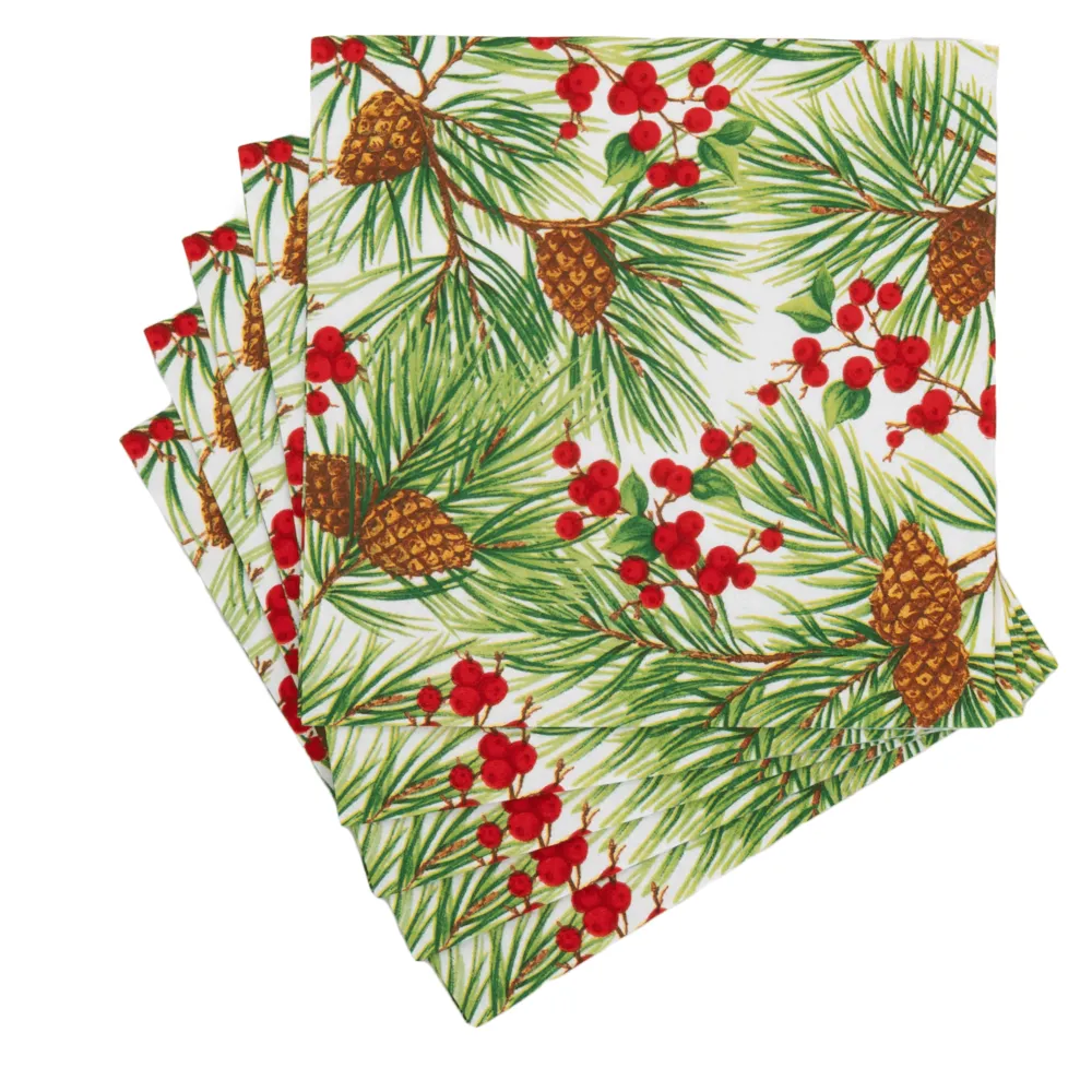 Caspari Paper Luncheon Napkins|Evergreen And Berries White Luncheon Napkins - includes 20 Luncheon Napkins