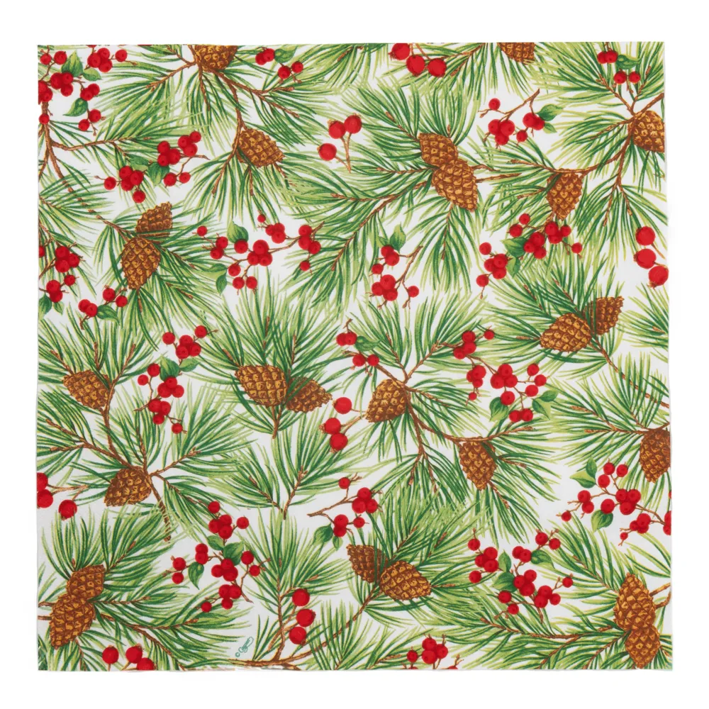 Caspari Paper Luncheon Napkins|Evergreen And Berries White Luncheon Napkins - includes 20 Luncheon Napkins