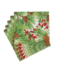 Caspari Paper Cocktail Napkins|Evergreen and Berries White Cocktail Napkins - includes 20 Cocktail Napkins