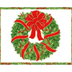 Caspari Greeting Cards|Evergreen Wreath With Red Ribbon Foil C-Sized Christmas Cards Pack in Cello - 5 Cards & 5 Envelopes