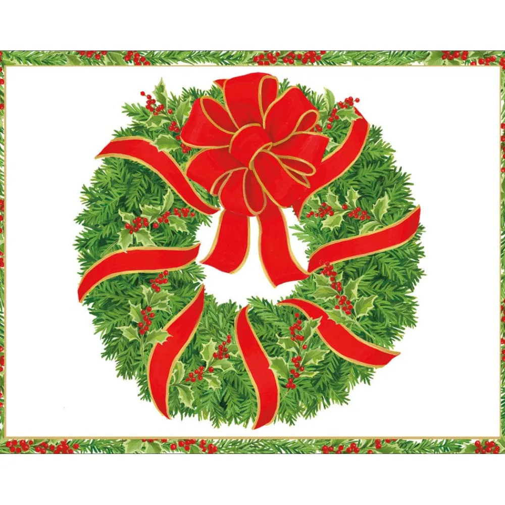 Caspari Greeting Cards|Evergreen Wreath With Red Ribbon Foil C-Sized Christmas Cards Pack in Cello - 5 Cards & 5 Envelopes