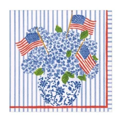 Caspari Fourth Of July|Memorial Day|Flags and Hydrangeas Paper Luncheon Napkins - 20 Per Package